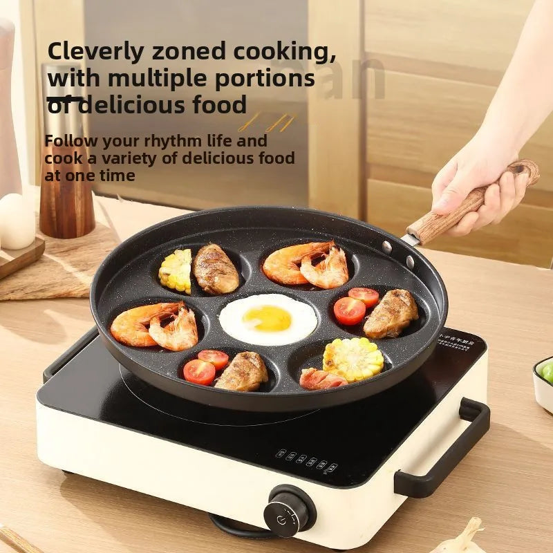 Seven-Hole Non-Stick Frying Pan with Maifan Stone for Home Use, Suitable for Eggs, Burgers, Breakfast, and Induction Cookers