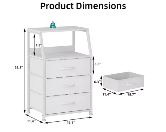 Furnulem Night Stand With Charging Statio 28.3 Inch Tall Side Table With Fabric Drawers And Storage Shelf Bedside Table With