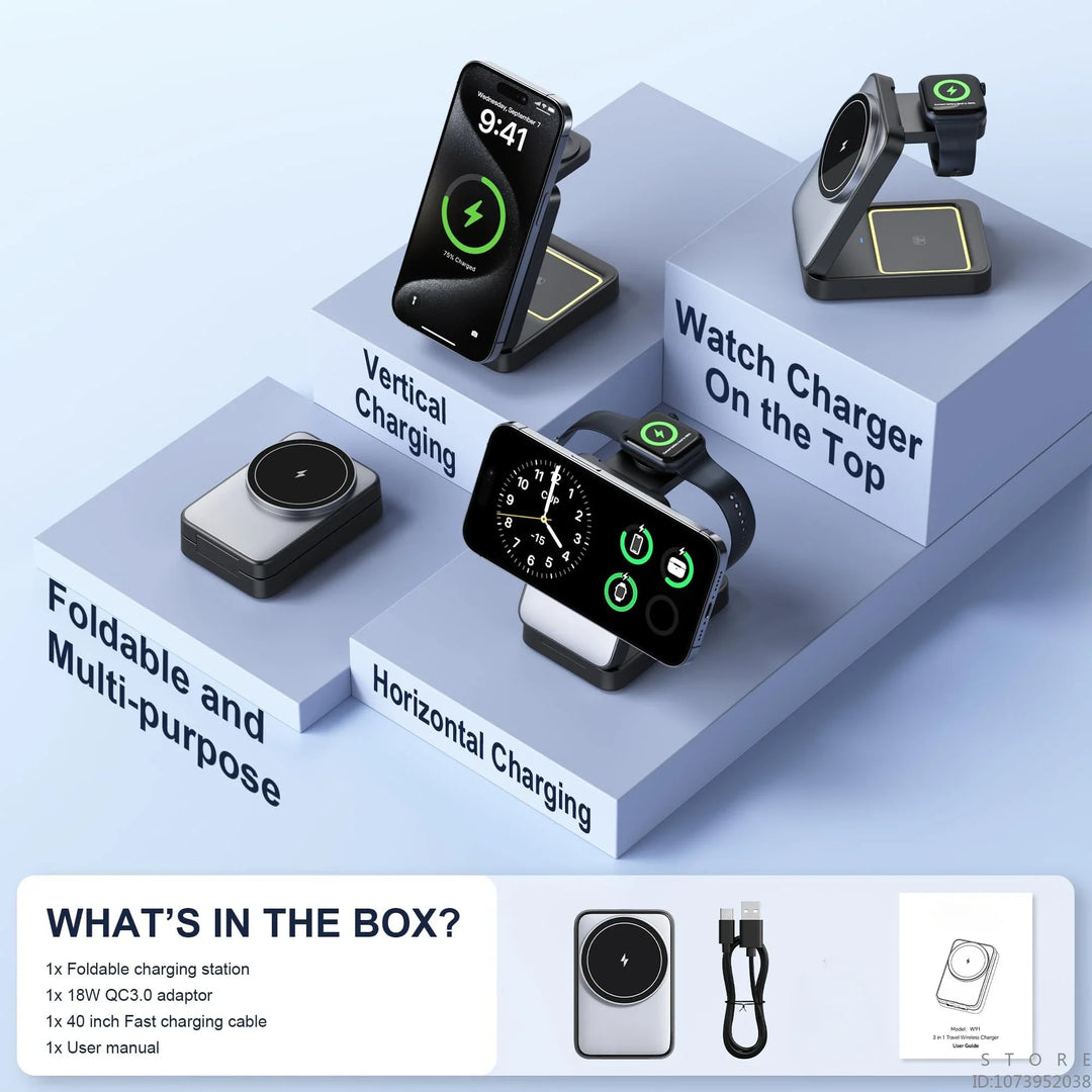 Foldable Magnetic 3-in-1 Wireless Charging Station 15W Fast Charge - Portable Travel Dock for iPhone 16/15/14 Pro Max Series