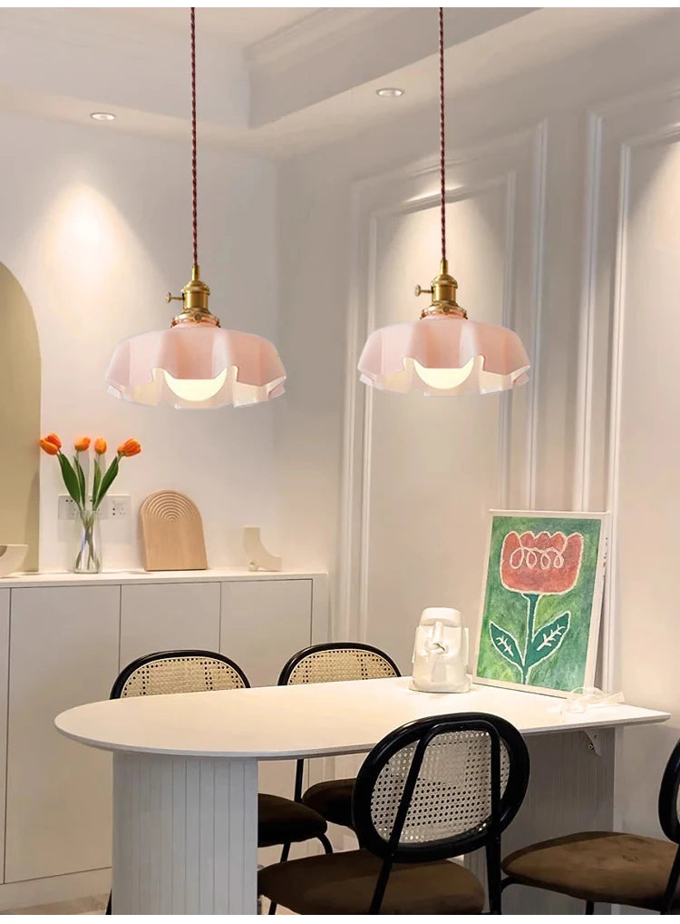 Modern Glass Flower Long-linePendant Lamp With Switch Aluminum all-Copper Lamp Head Bedroom Bedside And Dining Room Lighting