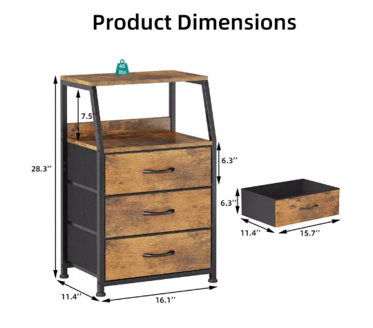 Furnulem Night Stand With Charging Statio 28.3 Inch Tall Side Table With Fabric Drawers And Storage Shelf Bedside Table With