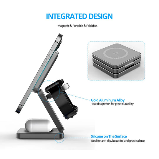 Wireless Charger for iPhone 3 in 1 Foldable Magnetic Wireless Charging Station for iPhone 15 14 13 12 Pro Max Charger Station