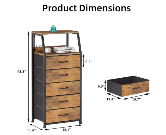 Furnulem Night Stand With Charging Statio 28.3 Inch Tall Side Table With Fabric Drawers And Storage Shelf Bedside Table With