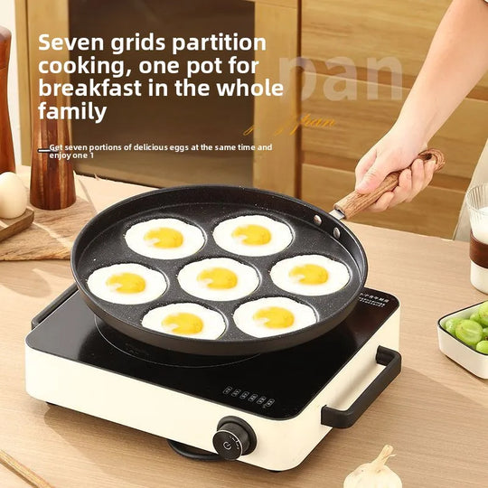 Seven-Hole Non-Stick Frying Pan with Maifan Stone for Home Use, Suitable for Eggs, Burgers, Breakfast, and Induction Cookers