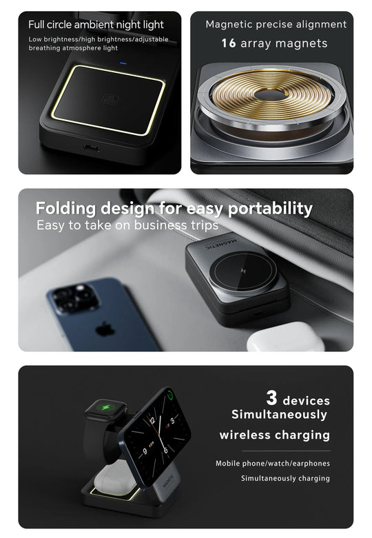 Foldable 3 In 1 Magnetic Wireless Charger Stand For Magsafe iPhone 16 15 14 13 12 iWatch 6 7 8 Airpods Pro Fast Charging Station