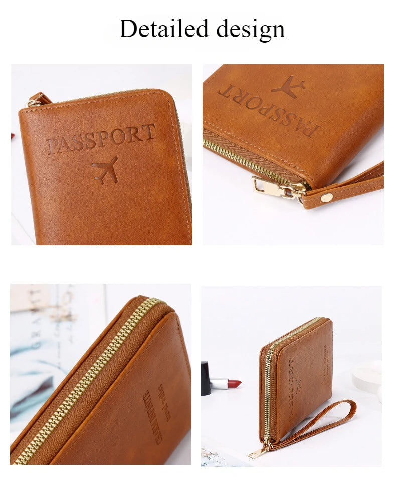 Unisex Men Women Zipper Travel Multi-Function Passport Holder Cover Case Wallet PU Leather Ticket Protective Travel Accessories