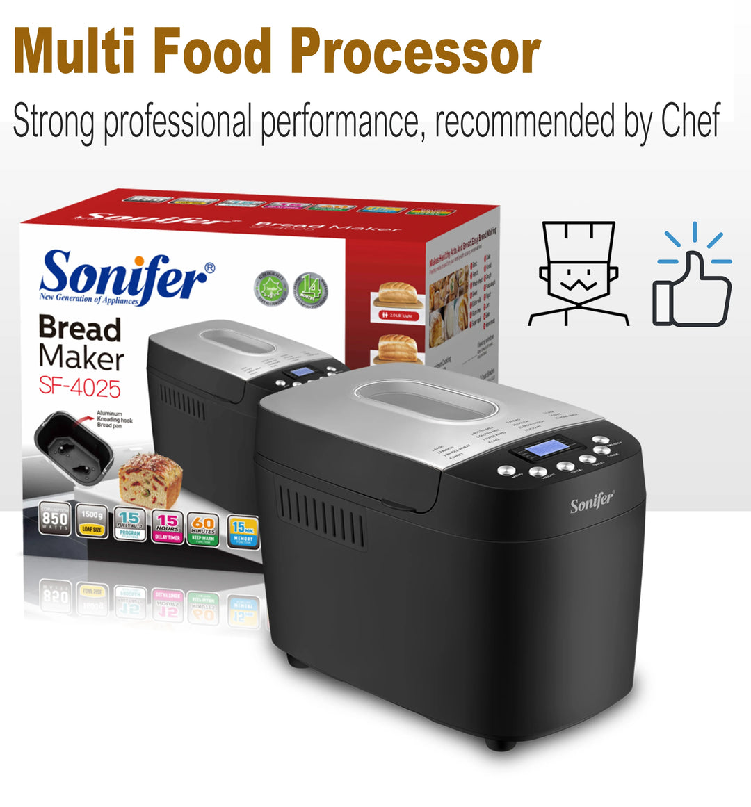1.5kg Automatic Bread Machine 850w Programmable Bread Maker 15-hour Pre-set Timer Control Panel With Lcd Display Sonifer