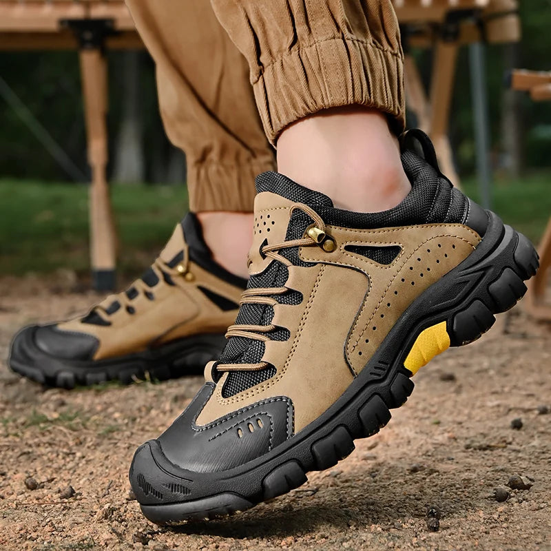 Men's Leather Outdoor Lace Up Anti Slip Sports Shoes Comfortable  Lightweight Hiking Shoes Casual  Breathable Hiking Shoes