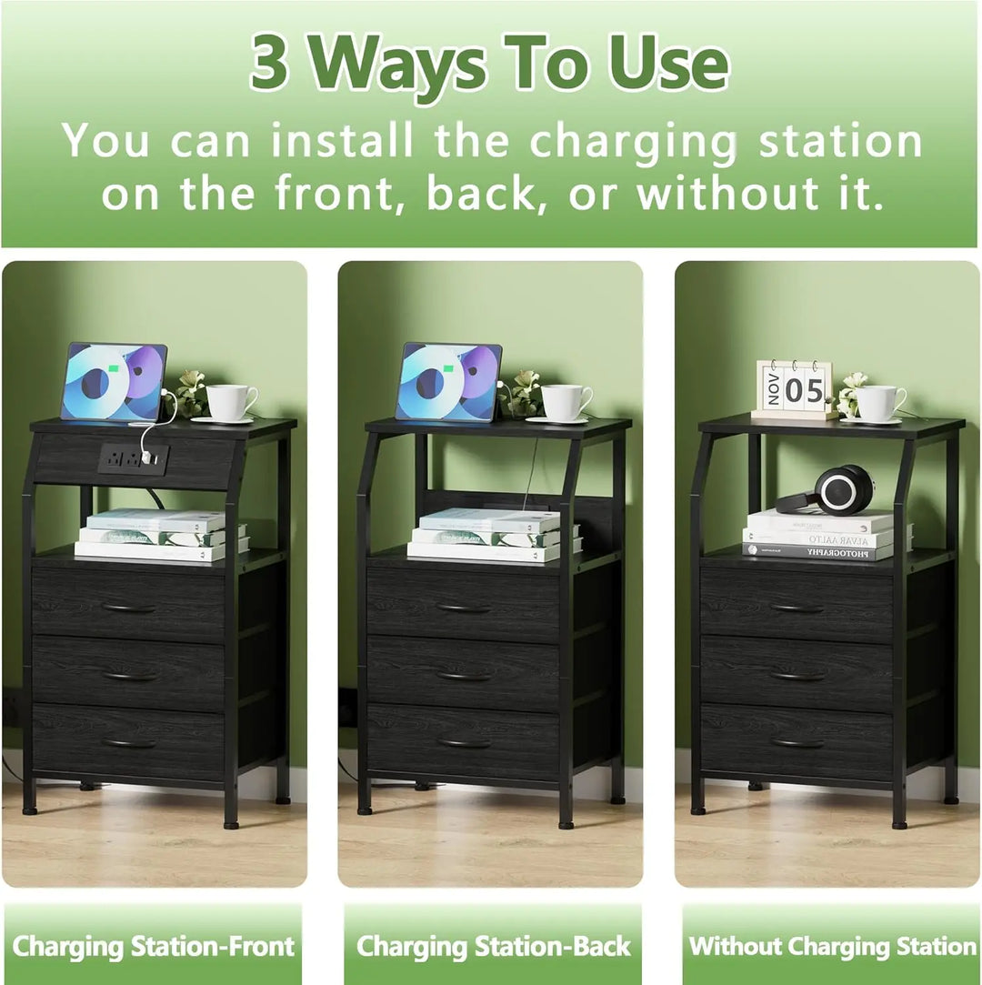 Furnulem Night Stand With Charging Statio 28.3 Inch Tall Side Table With Fabric Drawers And Storage Shelf Bedside Table With