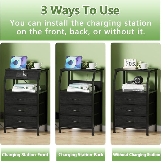 Furnulem Night Stand With Charging Statio 28.3 Inch Tall Side Table With Fabric Drawers And Storage Shelf Bedside Table With