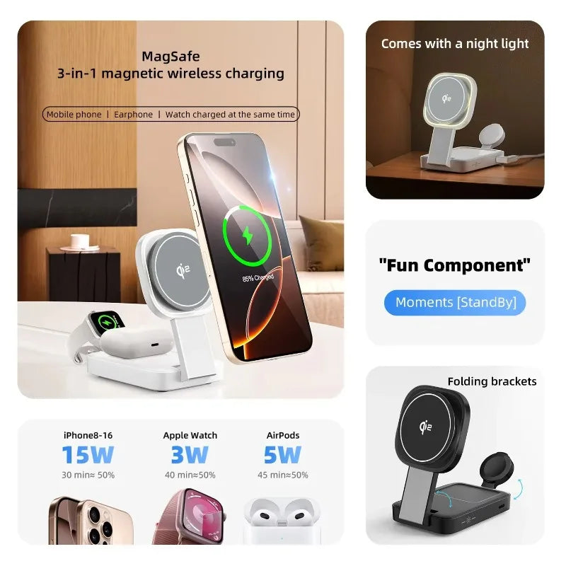 3 In 1 Magnetic Wireless Charger QI2 Folding Wireless Charging Station for Magsafe  iPhone 16 15 14 13 iWatch 9 8 7 AirPods Pro