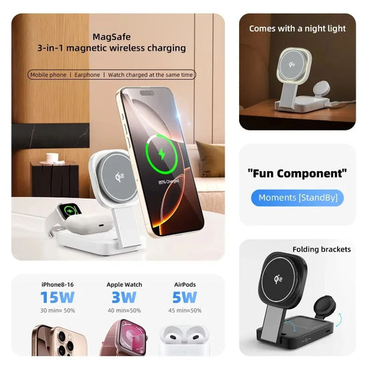 3 In 1 Magnetic Wireless Charger QI2 Folding Wireless Charging Station for Magsafe  iPhone 16 15 14 13 iWatch 9 8 7 AirPods Pro