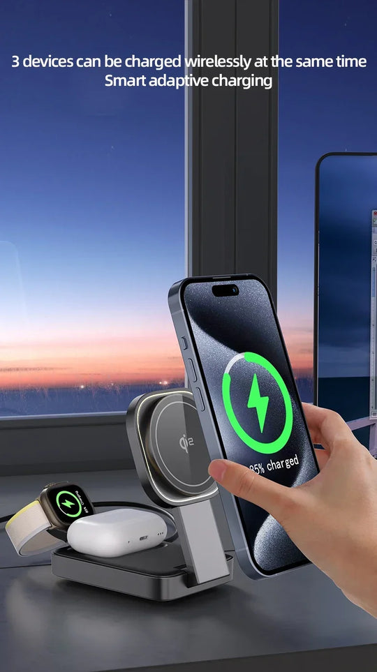 3 In 1 Magnetic Wireless Charger QI2 Folding Wireless Charging Station for Magsafe  iPhone 16 15 14 13 iWatch 9 8 7 AirPods Pro