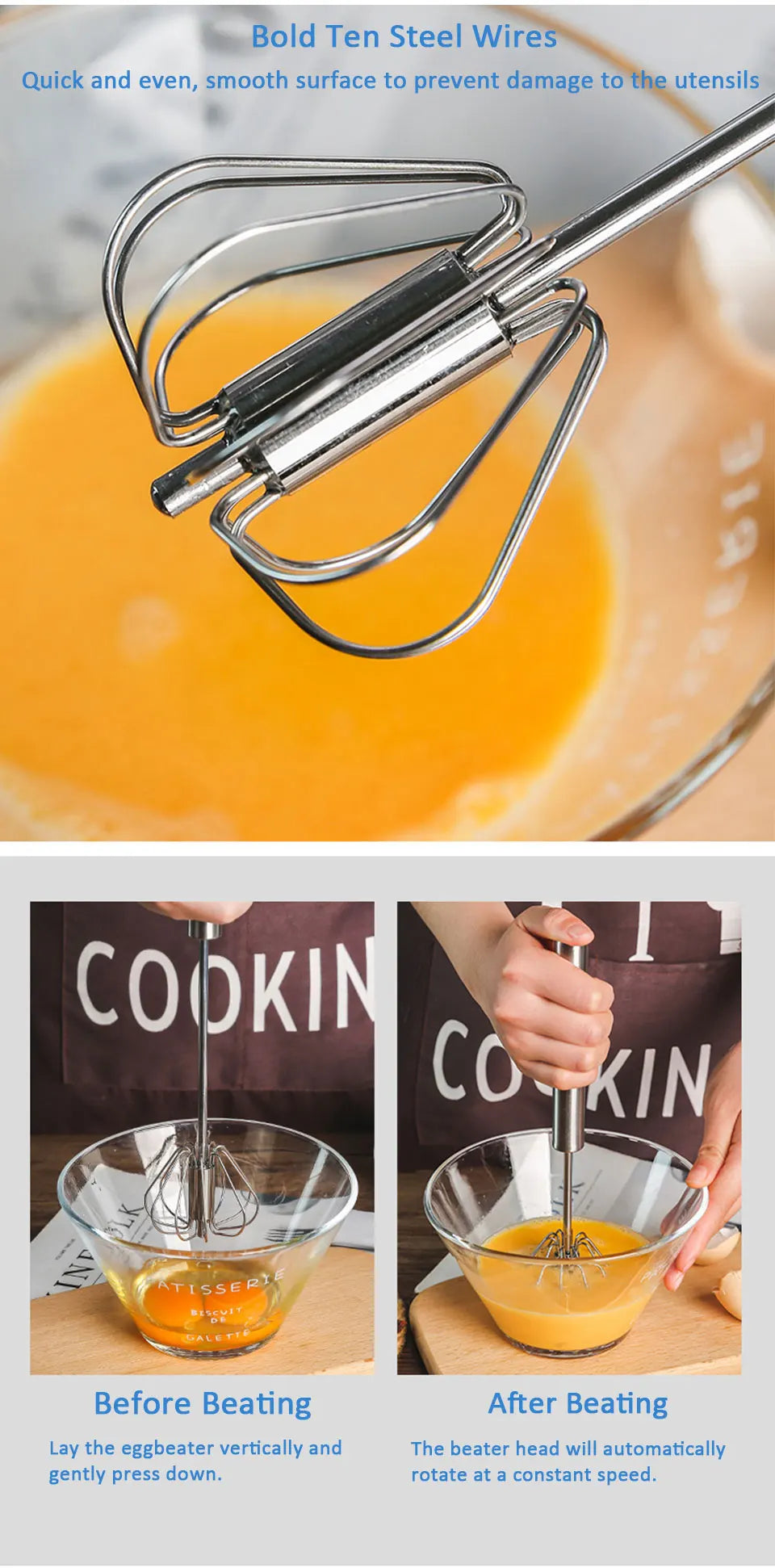 Semi-Automatic Egg Beater 304 Stainless Steel Egg Whisk Manual Hand Mixer Self Turning Egg Stirrer Kitchen Egg Tools