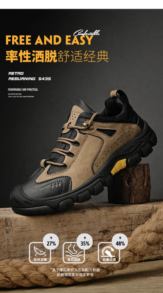 Men's Leather Outdoor Lace Up Anti Slip Sports Shoes Comfortable  Lightweight Hiking Shoes Casual  Breathable Hiking Shoes