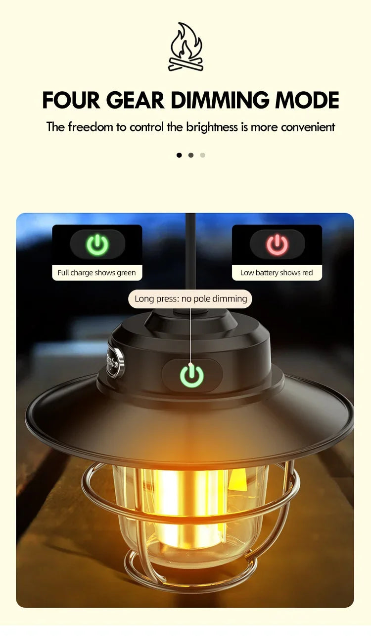 LED Camping Lamp Retro Hanging Lamp Portable Stepless Dimming Camping Light Waterproof Rechargeable Outdoor Light Lantern