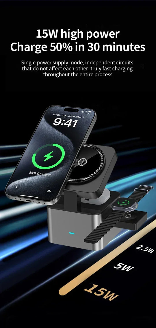 3 in 1 Wireless Charger Foldable Fast Charging Station Wireless Ice-Cooling Charger For iPhone 16 15 14 13 iWatch 9 8 7 Airpods