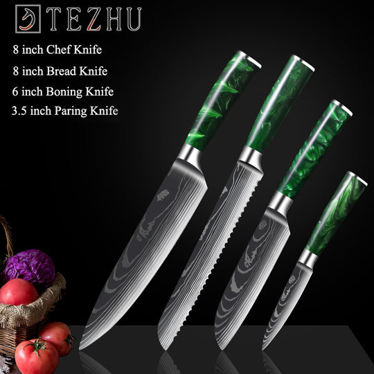 Green Resin Handle Damascus Laser Grain Knife