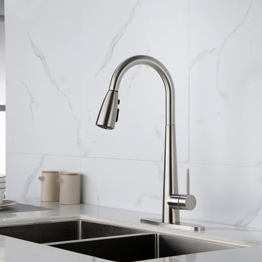 High Curvature Single Handle Kitchen Sink Faucet With Deck, Commercial Modern Stainless Steel Kitchen Faucet