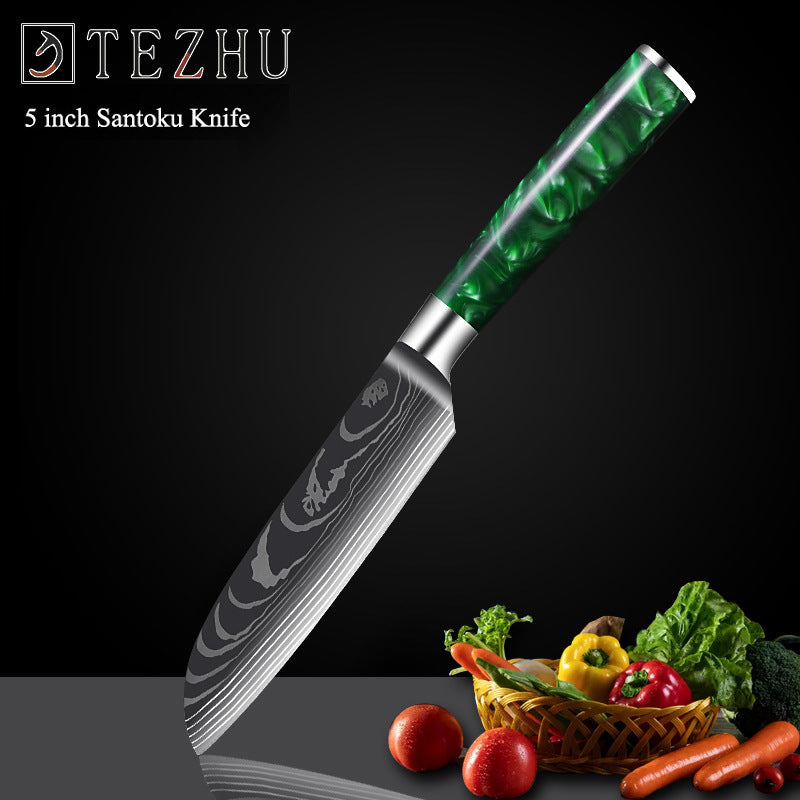 Green Resin Handle Damascus Laser Grain Knife