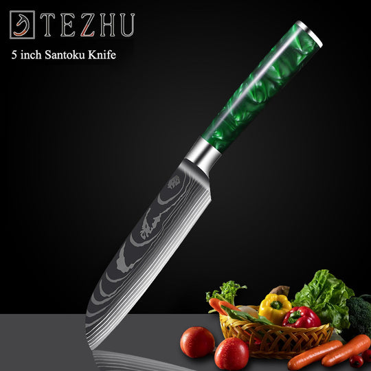 Green Resin Handle Damascus Laser Grain Knife