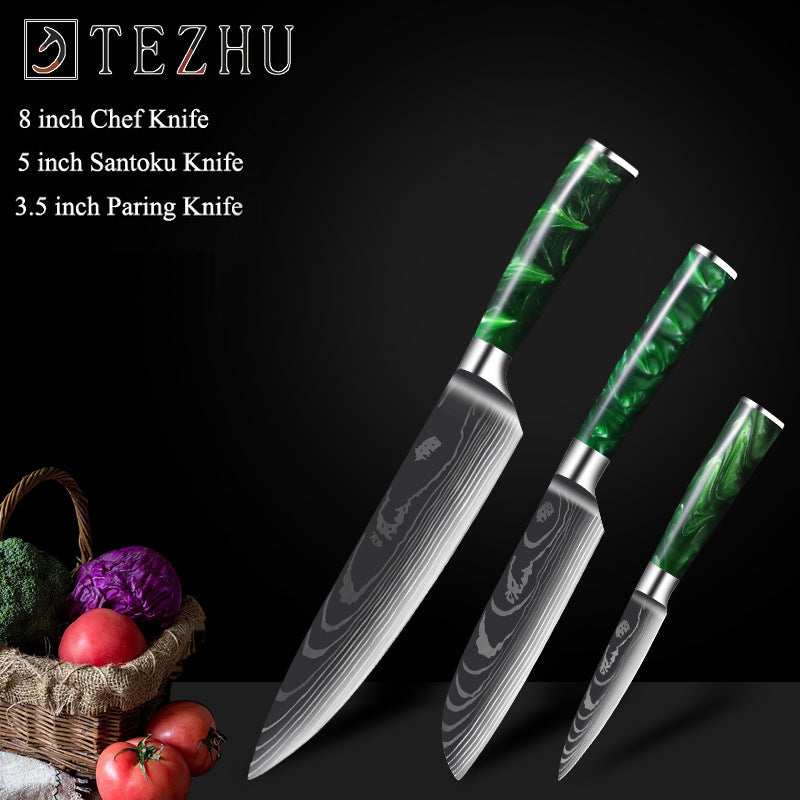 Green Resin Handle Damascus Laser Grain Knife