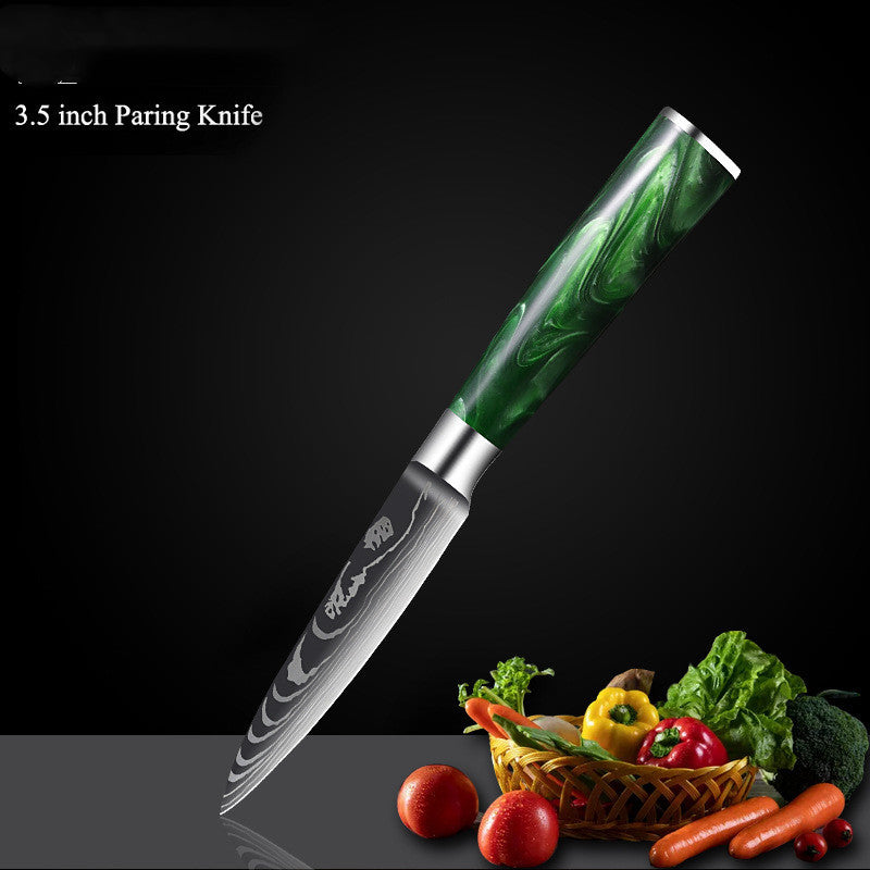 Green Resin Handle Damascus Laser Grain Knife