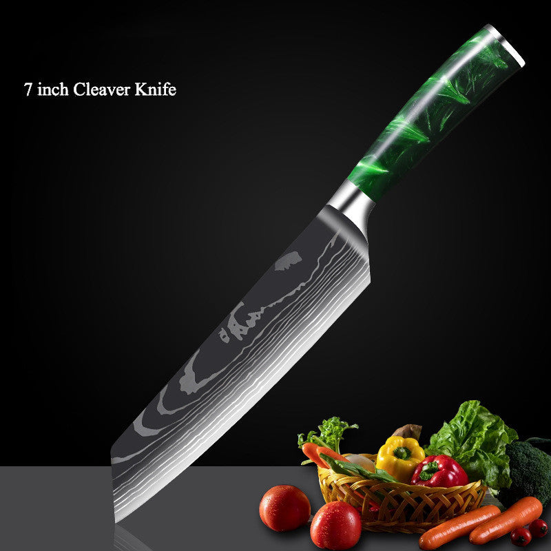 Green Resin Handle Damascus Laser Grain Knife