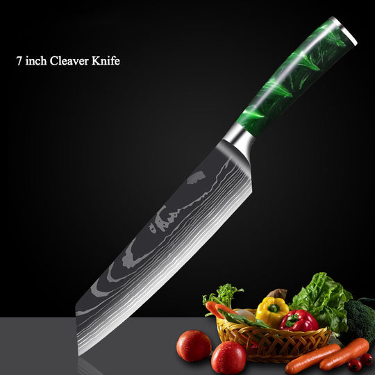 Green Resin Handle Damascus Laser Grain Knife