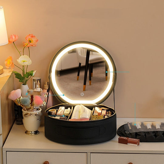 Round Smart LED Makeup Bag with Mirror Lights
