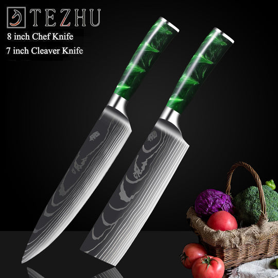 Green Resin Handle Damascus Laser Grain Knife