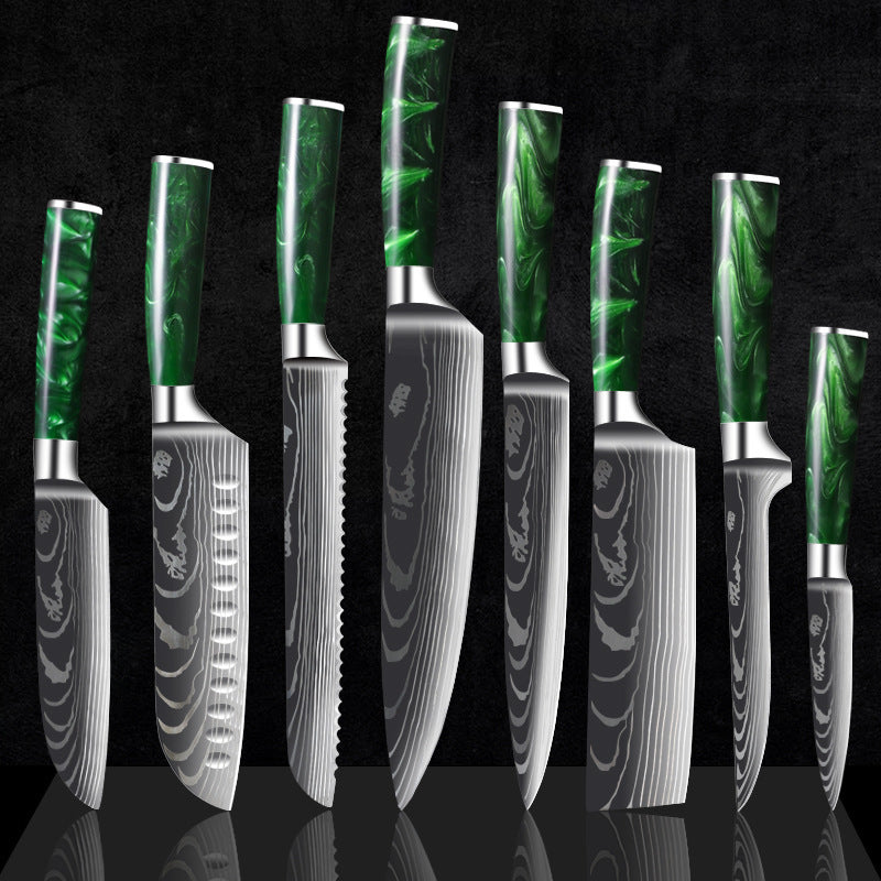 Green Resin Handle Damascus Laser Grain Knife