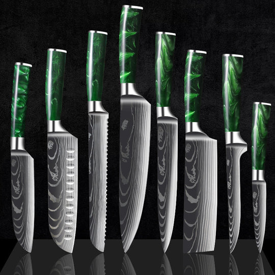 Green Resin Handle Damascus Laser Grain Knife