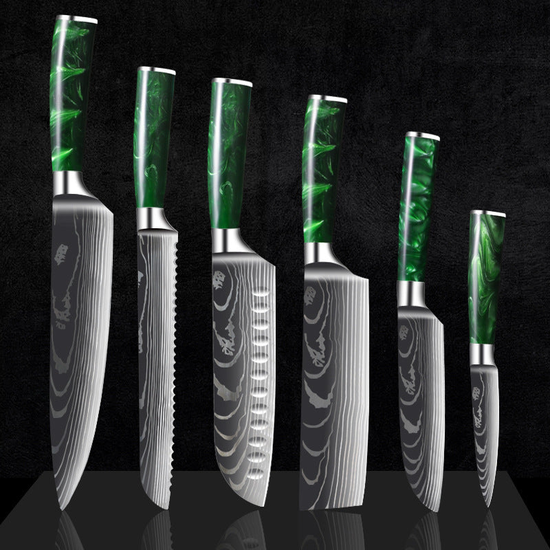 Green Resin Handle Damascus Laser Grain Knife