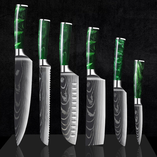 Green Resin Handle Damascus Laser Grain Knife