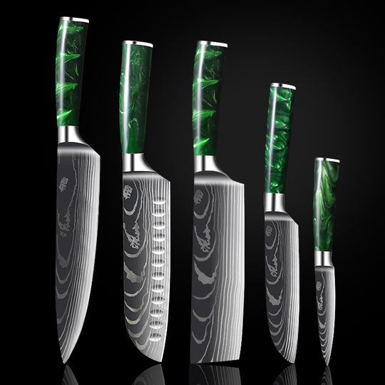 Green Resin Handle Damascus Laser Grain Knife