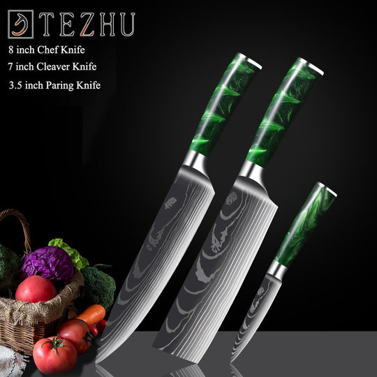 Green Resin Handle Damascus Laser Grain Knife