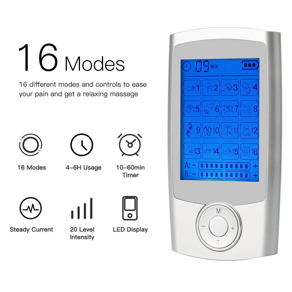 Rechargeable 16 Modes Electronic Pulse Massager EMS TENS Unit Muscle Stimulator Pain Relief Therapy with 12pcs Electrode Pads - Jscomfortzstore