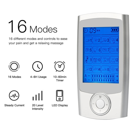 Rechargeable 16 Modes Electronic Pulse Massager EMS TENS Unit Muscle Stimulator Pain Relief Therapy with 12pcs Electrode Pads - Jscomfortzstore