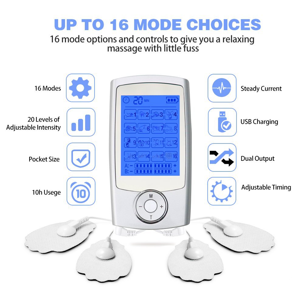 Rechargeable 16 Modes Electronic Pulse Massager EMS TENS Unit Muscle Stimulator Pain Relief Therapy with 12pcs Electrode Pads - Jscomfortzstore