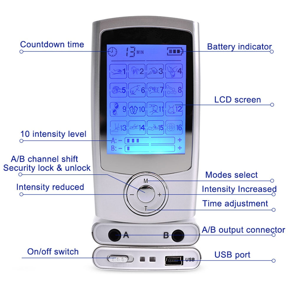 Rechargeable 16 Modes Electronic Pulse Massager EMS TENS Unit Muscle Stimulator Pain Relief Therapy with 12pcs Electrode Pads - Jscomfortzstore